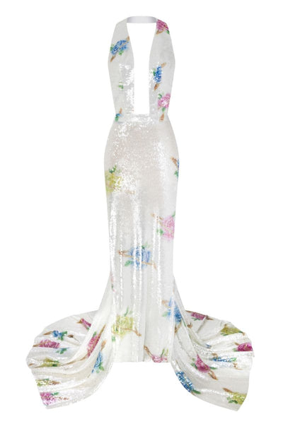 white sequin maxi dress Sudi Etuz BACKLESS SEQUIN MAXI DRESS WITH TRAIN