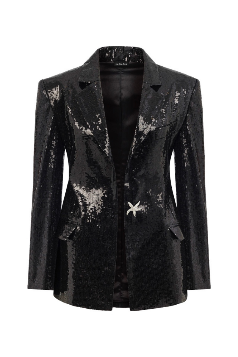 Black oversized blazer by Sudi Etuz with sequined details, featuring a tailored fit and stylish lapels.