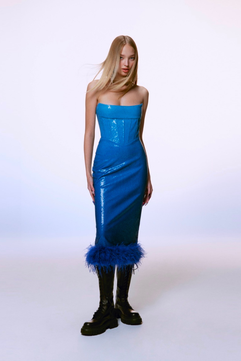 blue midi corset dress Bustier A Line Midi Dress Navy Blue