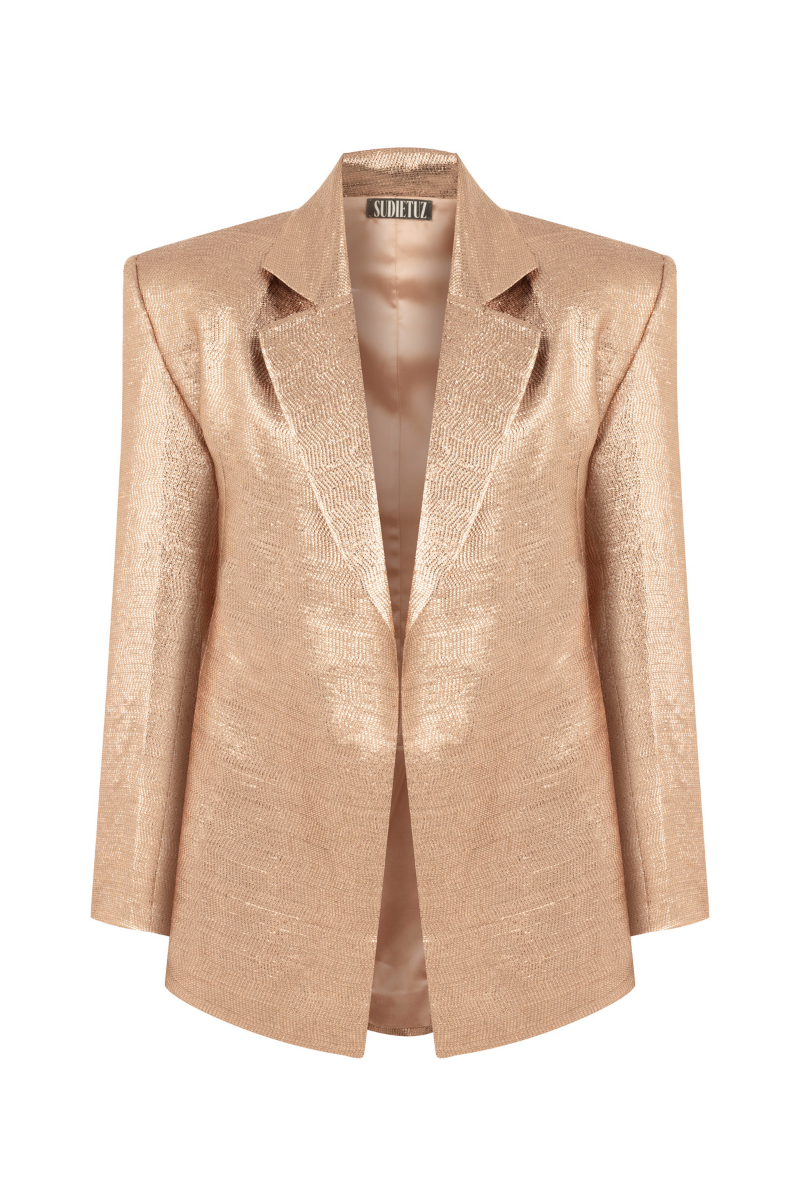 Sudi Etuz bronze shimmer blazer in XS with metallic bronze fabric, tailored fit, and stylish lapel detail.