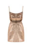 Bronze shimmer mini dress by Sudi Etuz, featuring a fitted silhouette and metallic fabric, shown on a model.