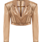 Brown sequined cropped blazer by Sudi Etuz, featuring a tailored fit with shimmering sequin details and a stylish collar.