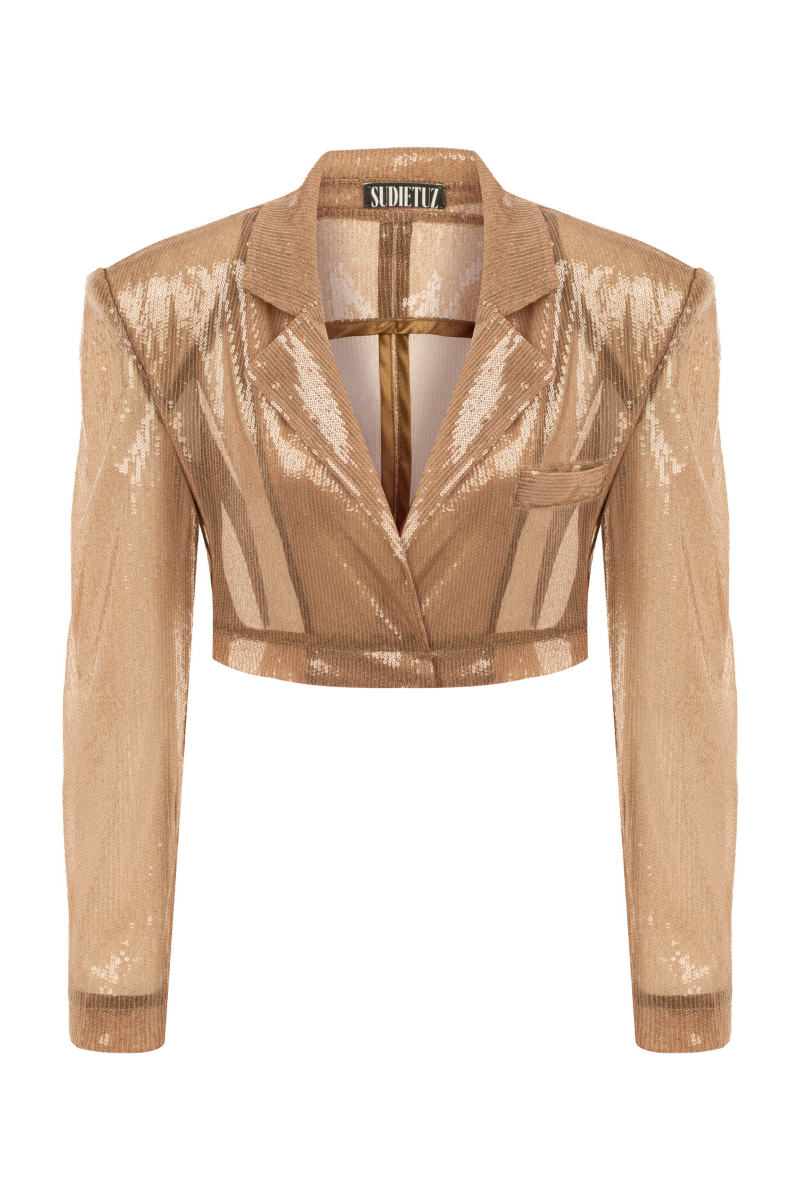 Brown sequined cropped blazer by Sudi Etuz, featuring a tailored fit with shimmering sequin details and a stylish collar.