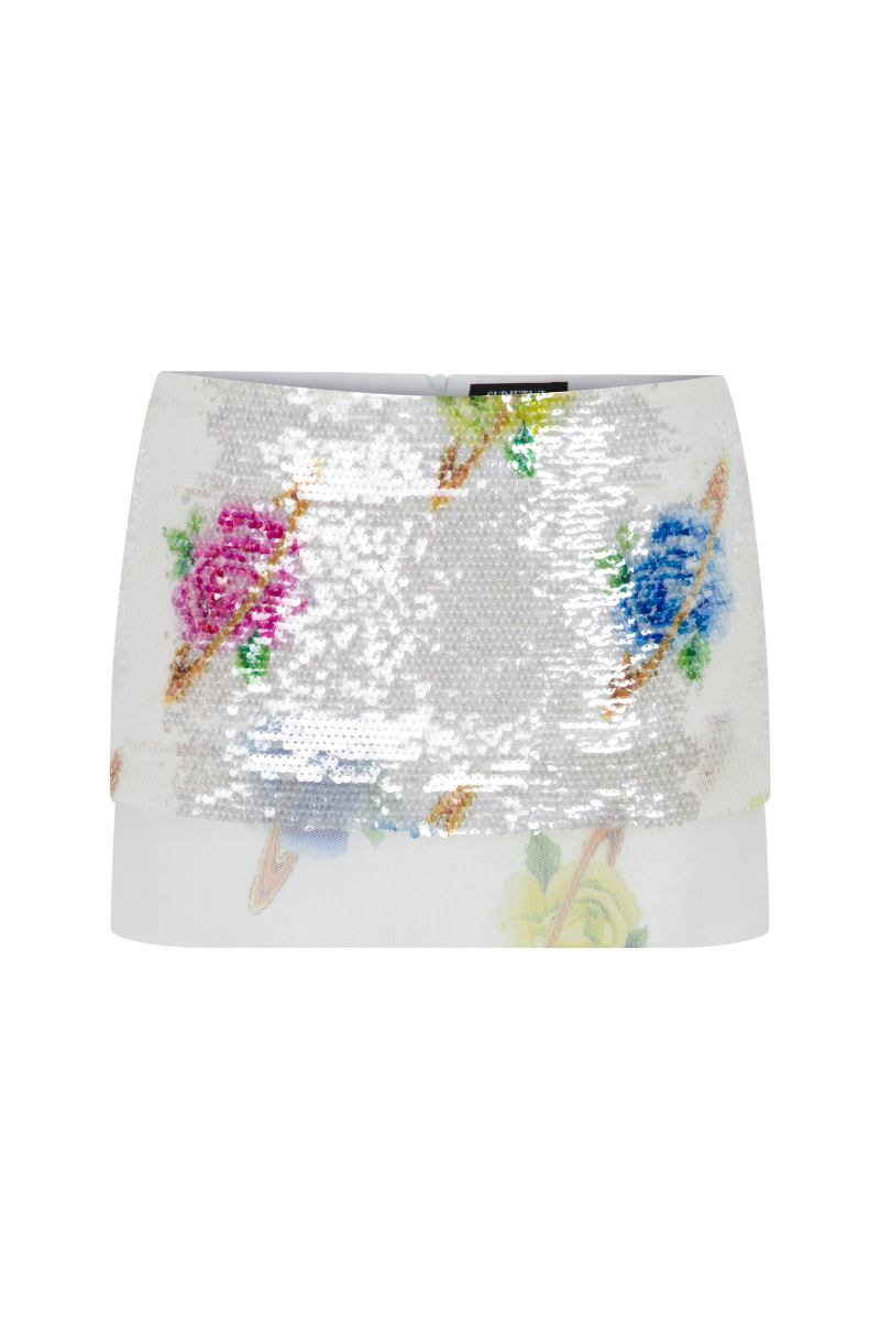 Multicolor floral print low-rise mini skirt by Sudi Etuz, showcasing a stylish, fitted design with vibrant flower patterns.