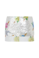 Multicolor floral print low-rise mini skirt by Sudi Etuz, showcasing its vibrant pattern and lightweight fabric.