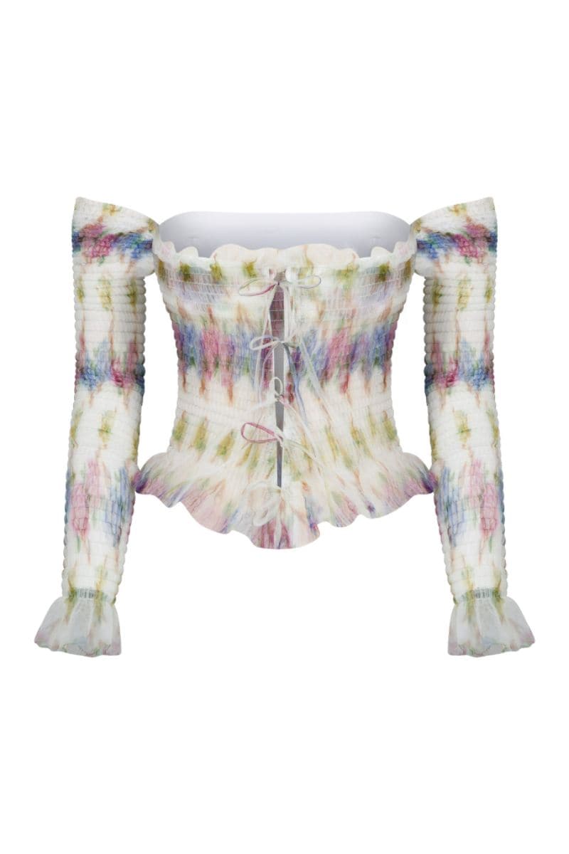 Multicolor floral print tulle top by Sudi Etuz featuring lightweight, sheer fabric and feminine design.