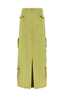 Green denim cargo maxi skirt by Sudi Etuz, featuring a relaxed fit with large pockets and a flowy length.