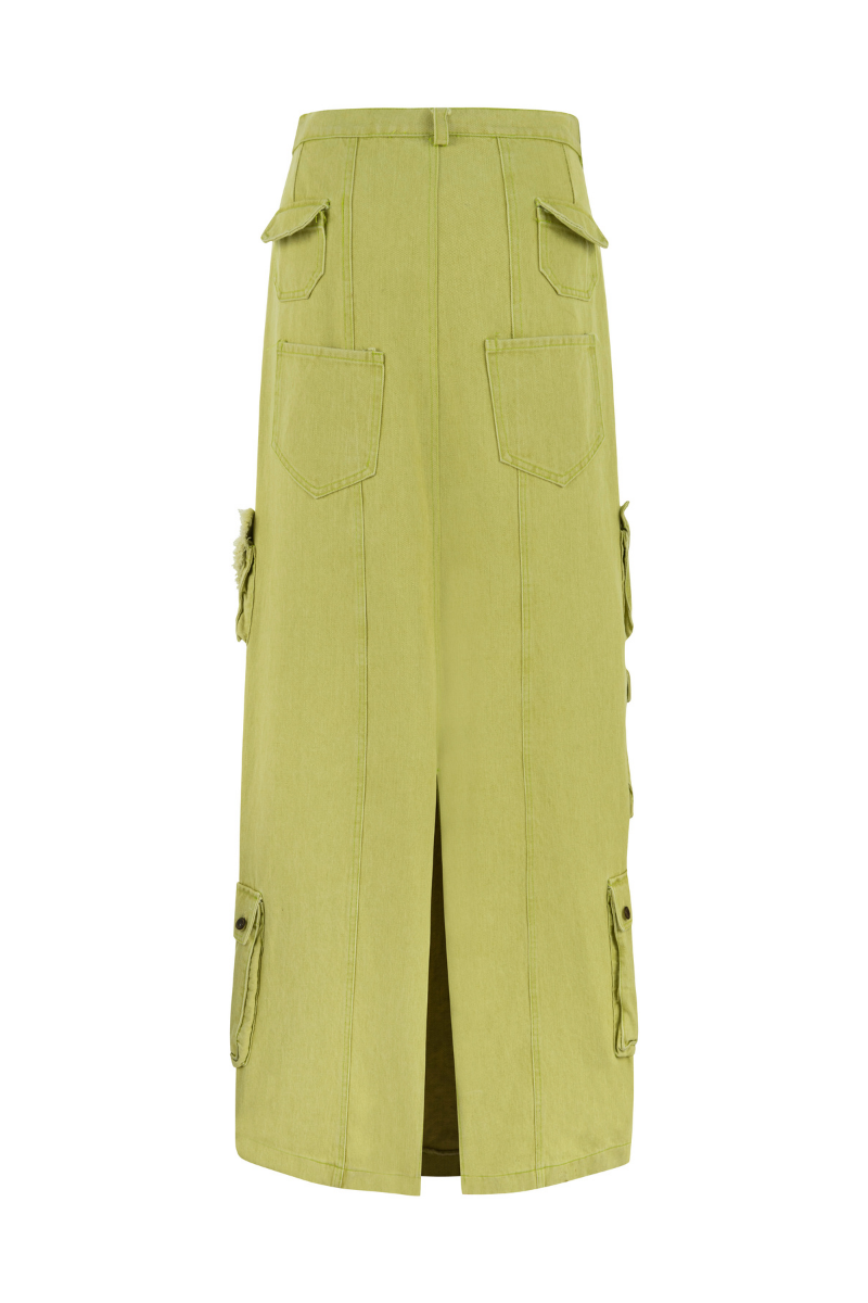 Green denim cargo maxi skirt by Sudi Etuz, featuring a relaxed fit with large pockets and a flowy length.
