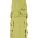 Green denim cargo maxi skirt by Sudi Etuz, featuring a long length, functional pockets, and casual style, shown in size XS.
