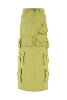 Green denim cargo maxi skirt by Sudi Etuz, featuring a long length, functional pockets, and casual style, shown in size XS.