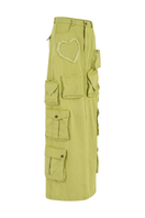 Green denim cargo maxi skirt by Sudi Etuz, featuring a flowy design and functional pockets, perfect for casual stylish wear.