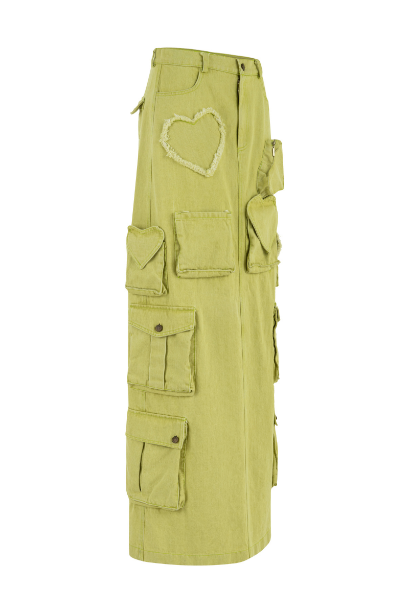 Green denim cargo maxi skirt by Sudi Etuz, featuring a flowy design and functional pockets, perfect for casual stylish wear.