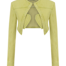 Green denim mini cropped blazer by Sudi Etuz, featuring a fitted style with short sleeves and classic collar detail.