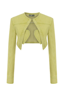 Green denim mini cropped blazer by Sudi Etuz, featuring a fitted style with short sleeves and classic collar detail.