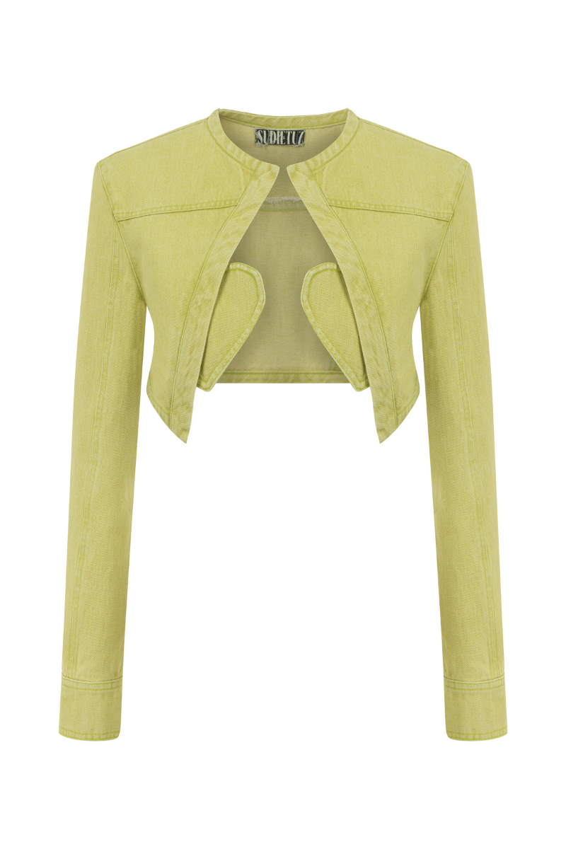 Green denim mini cropped blazer by Sudi Etuz, featuring a fitted style with short sleeves and classic collar detail.