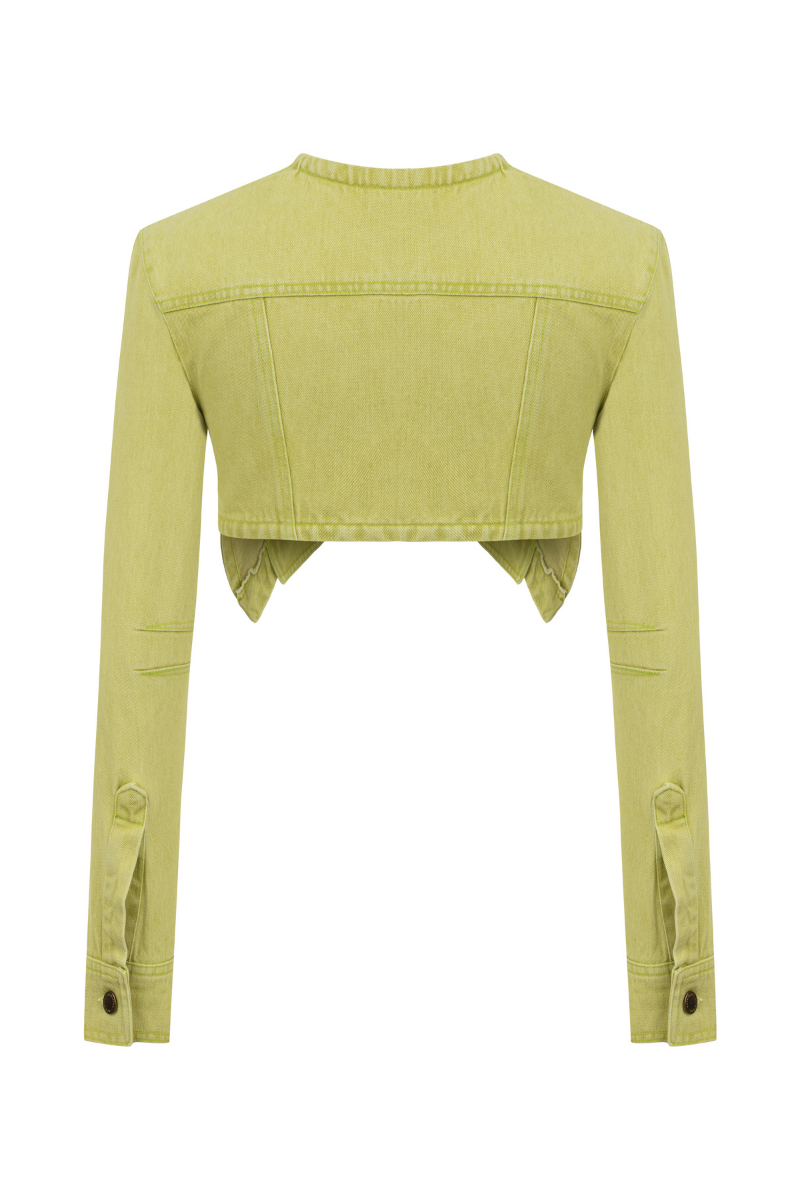 Green denim mini cropped blazer by Sudi Etuz, showcasing a fitted, stylish design with long sleeves and a classic collar.