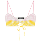 Pink and yellow lace-up front sequin bra from Sudi Etuz, stylish tops with shimmering sequins and adjustable fit.