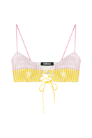 Pink and yellow lace-up front sequin bra from Sudi Etuz, stylish tops with shimmering sequins and adjustable fit.