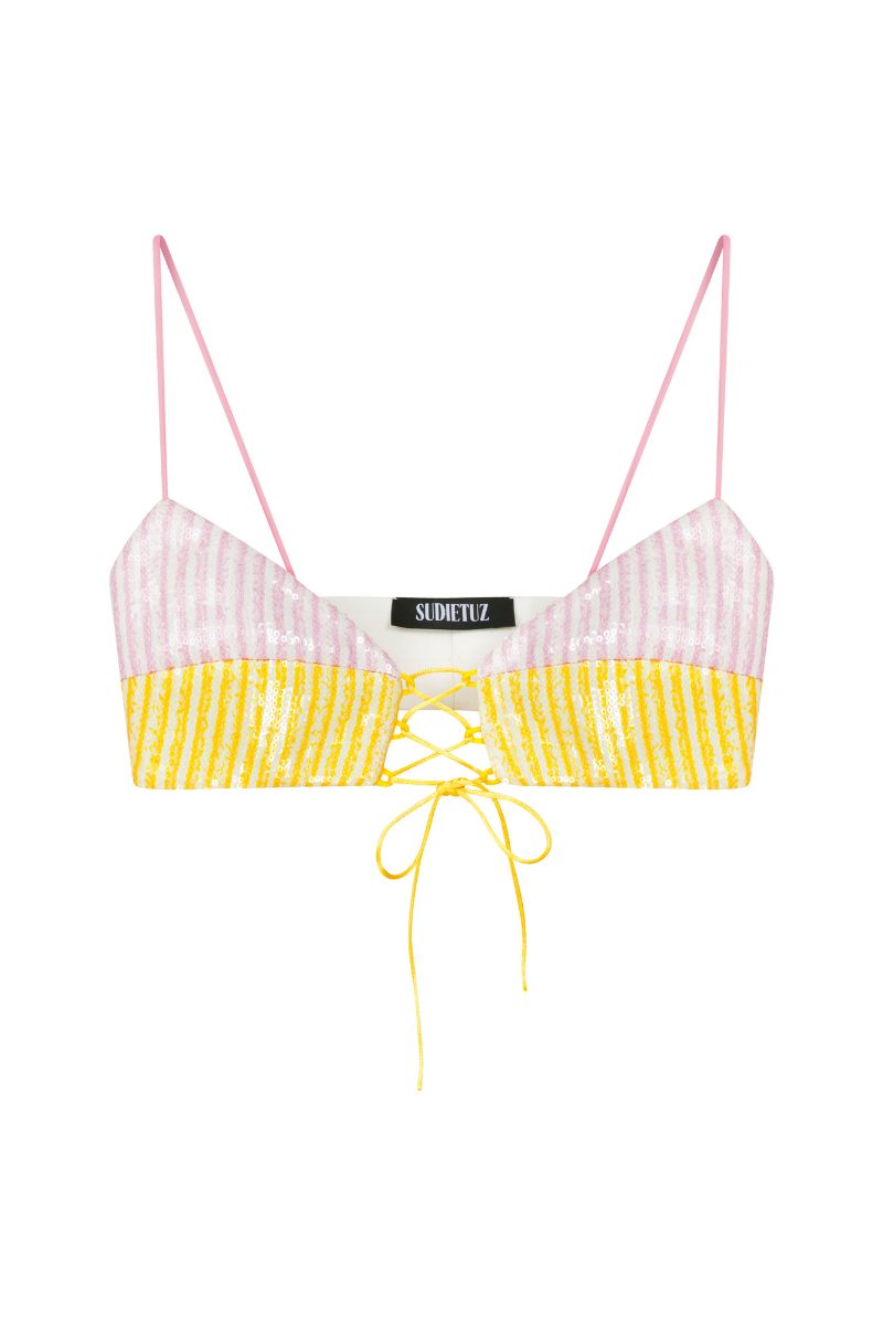 Pink and yellow lace-up front sequin bra from Sudi Etuz, stylish tops with shimmering sequins and adjustable fit.