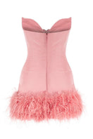 Sudi Etuz Rosy Feather strapless mini dress in pink with feather details, sleeveless design, fitted silhouette.