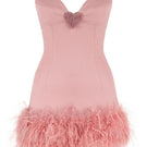 Sudi Etuz Rosy Feather strapless mini dress in rose color, featuring a fitted silhouette and feather details, shown on a mannequin.