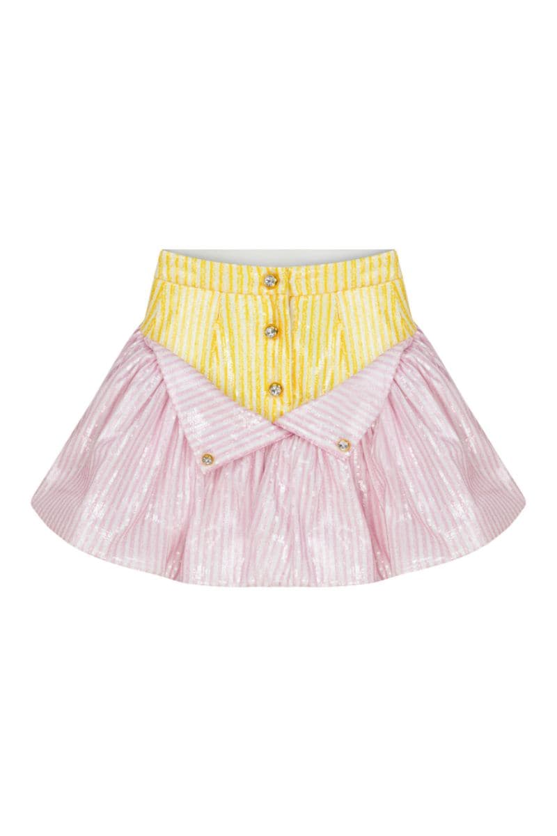 Pink and yellow sequin ruffle mini skirt by Sudi Etuz, featuring a stylish, colorful design with ruffled detailing.