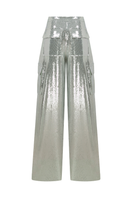 Silver sequin low-rise cargo pants by Sudi Etuz, featuring a stylish sequin design and relaxed fit.