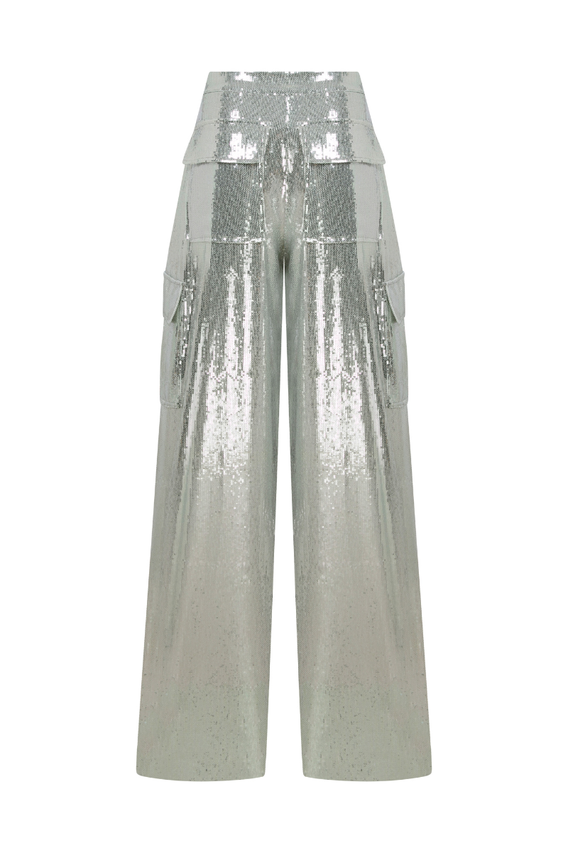 Silver sequin low-rise cargo pants by Sudi Etuz, featuring a stylish sequin design and relaxed fit.