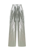 Silver sequin low-rise cargo pants by Sudi Etuz, featuring a shiny, eye-catching design and relaxed fit.