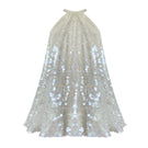 Silver sequined Sylvia Glam mini dress by Gigii's, featuring a fitted silhouette and shimmering fabric perfect for evening wear.