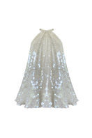 Silver sequined Sylvia Glam mini dress by Gigii's, featuring a fitted silhouette and shimmering fabric perfect for evening wear.