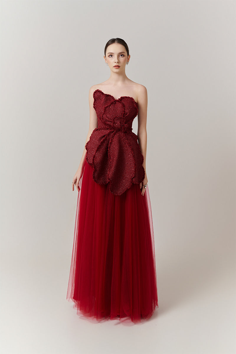 RED FLORAL TWEED AND ORGANZA MAXI DRESS - CULT MIA