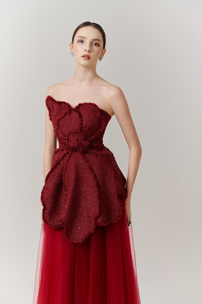 RED FLORAL TWEED AND ORGANZA MAXI DRESS - CULT MIA