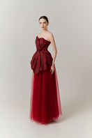 Elegant red floral tweed and organza gown by Happy Clothing, featuring intricate floral patterns and a flowing silhouette.