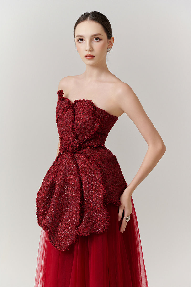 RED FLORAL TWEED AND ORGANZA MAXI DRESS - CULT MIA