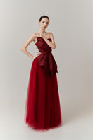 Elegant red floral tweed and organza gown by Happy Clothing, featuring intricate fabric details and a flowing silhouette.