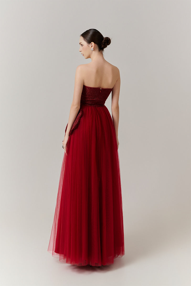 RED FLORAL TWEED AND ORGANZA MAXI DRESS - CULT MIA