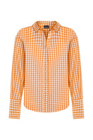 Orange gingham oversized shirt by TAGG featuring a relaxed fit, button front, and classic pattern, displayed on a hanger.