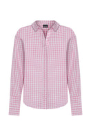 Pink gingham oversize shirt by TAGG featuring a relaxed fit, long sleeves, and classic button-down design.