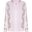 Pink embroidered oversized shirt by TAGG, featuring detailed embroidery and a relaxed fit, ideal for casual and stylish wear.