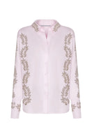 Pink embroidered oversized shirt by TAGG, featuring detailed embroidery and a relaxed fit, ideal for casual and stylish wear.