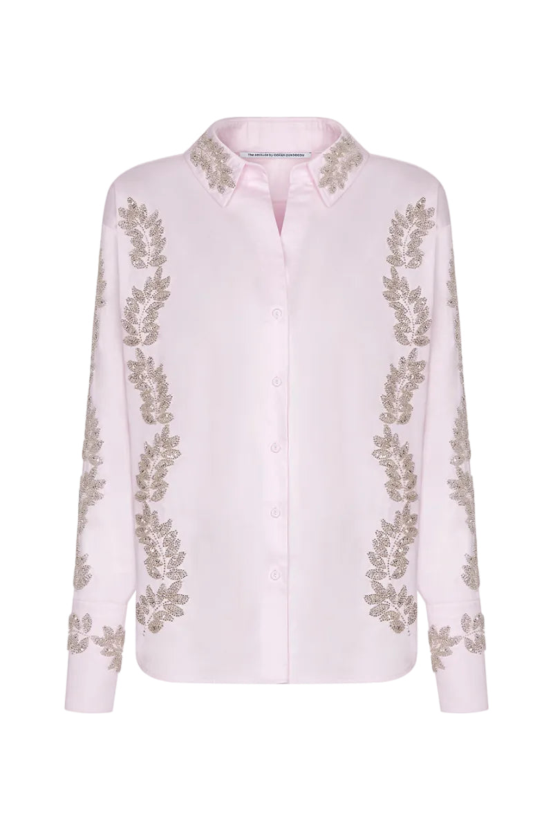 Pink embroidered oversized shirt by TAGG, featuring detailed embroidery and a relaxed fit, ideal for casual and stylish wear.