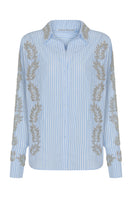 Blue embroidered oversized shirt by TAGG, featuring detailed embroidery and relaxed fit, casual stylish men's or women's fashion.