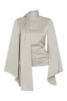 Tagg draped blouse with cape sleeves and matching scarf, stylish women's top featuring elegant draping and modern design.