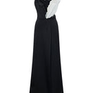 Elegant TAGG lace trim satin knot maxi dress with flowing fabric and intricate lace details, perfect for formal occasions.