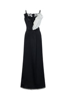 Elegant TAGG lace trim satin knot maxi dress with flowing fabric and intricate lace details, perfect for formal occasions.