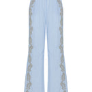Blue embroidered pants with elastic waistband from TAGG, featuring intricate embroidery and comfortable fit.