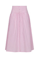 Pink gingham maxi midi skirt by TAGG, featuring a flowy design and stylish pattern, perfect for casual or dressy occasions.