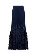 Hand-embroidered navy whale maxi skirt by TAGG, featuring intricate whale embroidery on flowing fabric.