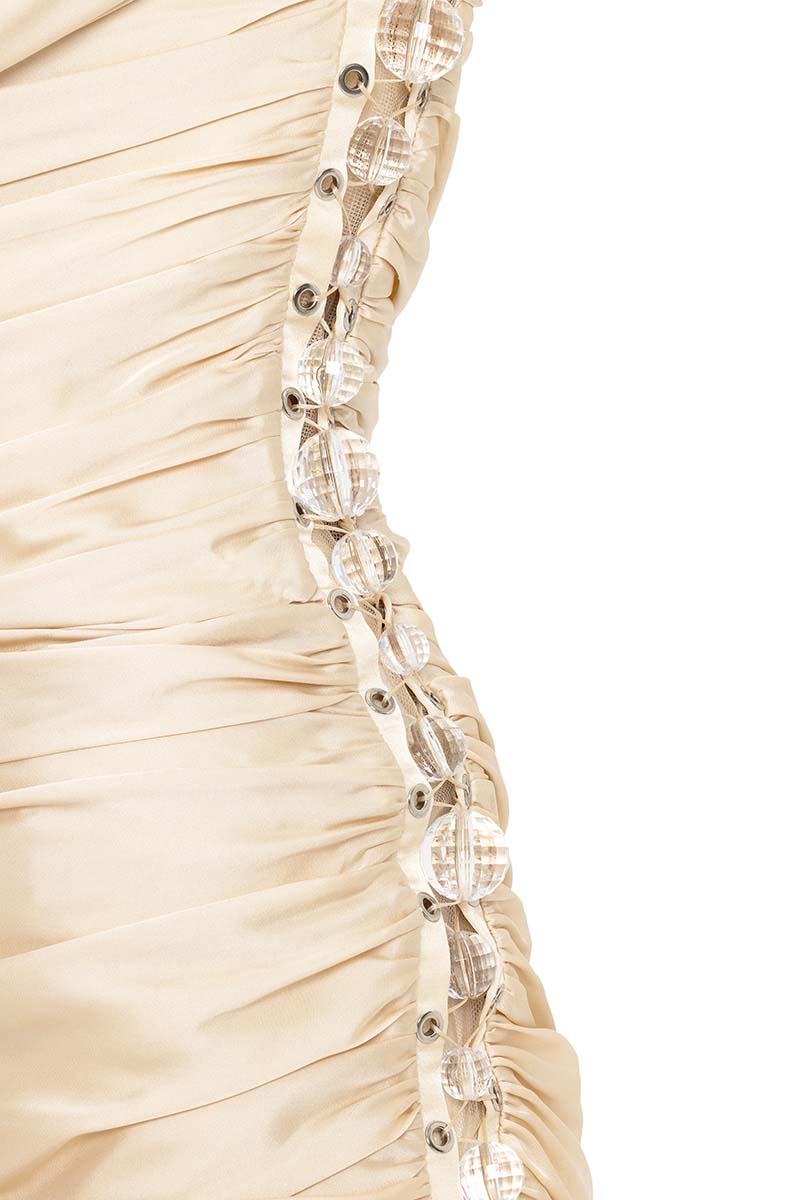 LACE-UP BEIGE RUCHED GOWN - CULT MIA